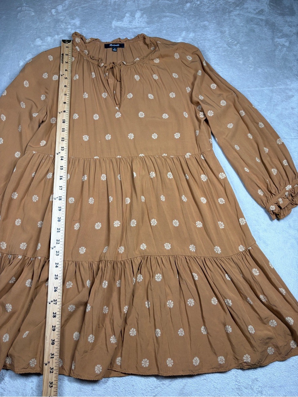 Madewell Bloom Dot Warm Hickory Cream Tan Tiered Ruffle Tie Neck Mini Dress M - Picture 10 of 17